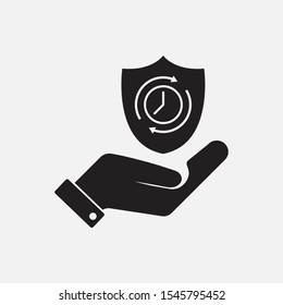 Protected Guard Shield Clock Icon . Protection And Time Icon In A Hand. Filled Vector Icon. Timing Protection Concept