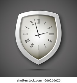 Protected guard shield clock icon . Safety badge watch icon. Privacy colorful banner shield. Security clock label. Defense watch tag. Presentation clock sticker shield. Defense safeguard watch sign