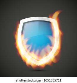Protected guard shield concept in flame. Safety badge smoke fire icon. Privacy banner shield. Security label. Defense tag flame. Presentation sticker flame shape. Vector defense safeguard shield smoke