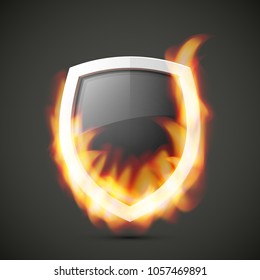 Protected guard shield concept in flame. Safety badge smoke fire icon. Privacy banner shield. Security label. Defense tag flame. Presentation sticker flame shape. Vector defense safeguard shield smoke