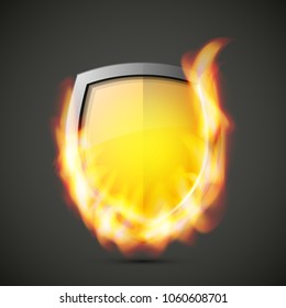 Protected guard shield concept in flame. Safety badge smoke fire icon. Privacy banner shield. Security label. Defense tag flame. Presentation sticker flame shape. Vector defense safeguard shield smoke