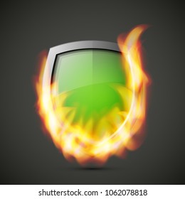 Protected guard shield concept in flame. Safety badge smoke fire icon. Privacy banner shield. Security label. Defense tag flame. Presentation sticker flame shape. Vector defense safeguard shield smoke
