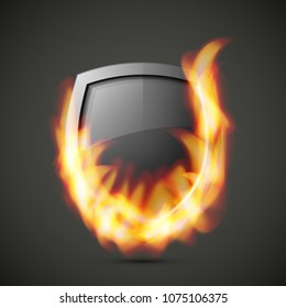 Protected guard shield concept in flame. Safety badge smoke fire icon. Privacy banner shield. Security label. Defense tag flame. Presentation sticker flame shape. Vector defense safeguard shield smoke