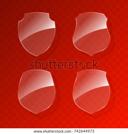 Protected guard shield concept. Safety transparent badge, protection icon. Privacy colorful banner shield. Security label. Defense tag. Transparent sticker shield. Defense safeguard sign. Vector badge
