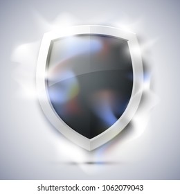Protected guard shield concept in smoke. Safety badge smoke icon. Privacy banner shield. Security color label. Defense tag. Presentation shining sticker shape. Vector defense safeguard shield in smoke