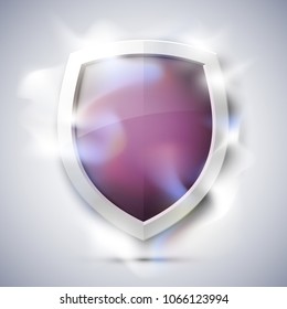 Protected guard shield concept in smoke. Safety badge smoke icon. Privacy banner shield. Security color label. Defense tag. Presentation shining sticker shape. Vector defense safeguard shield in smoke