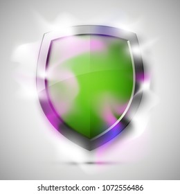Protected guard shield concept in smoke. Safety badge smoke icon. Privacy banner shield. Security color label. Defense tag. Presentation shining sticker shape. Vector defense safeguard shield in smoke