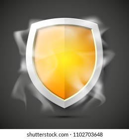 Protected guard shield concept in smoke. Safety badge smoke icon. Privacy banner shield. Security color label. Defense tag. Presentation shining sticker shape. Vector defense safeguard shield in smoke