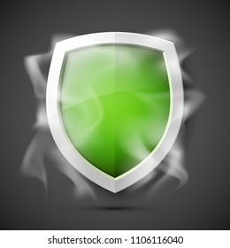 Protected guard shield concept in smoke. Safety badge smoke icon. Privacy banner shield. Security color label. Defense tag. Presentation shining sticker shape. Vector defense safeguard shield in smoke