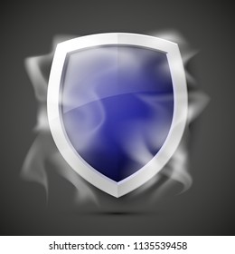 Protected guard shield concept in smoke. Safety badge smoke icon. Privacy banner shield. Security color label. Defense tag. Presentation shining sticker shape. Vector defense safeguard shield in smoke