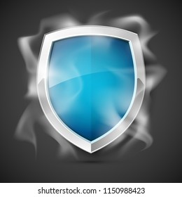 Protected guard shield concept in smoke. Safety badge smoke icon. Privacy banner shield. Security color label. Defense tag. Presentation shining sticker shape. Vector defense safeguard shield in smoke
