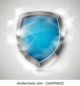Protected guard shield concept in smoke. Safety badge smoke icon. Privacy banner shield. Security color label. Defense tag. Presentation shining sticker shape. Vector defense safeguard shield in smoke