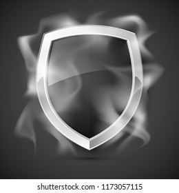 Protected guard shield concept in smoke. Safety badge smoke icon. Privacy banner shield. Security color label. Defense tag. Presentation shining sticker shape. Vector defense safeguard shield in smoke