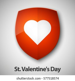 Protected guard shield Happy Valentine's Day Greeting Card With Red Heart. Safety badge color icon. Privacy colorful banner. Security bright label. Presentation sticker shape. Defense safeguard sign