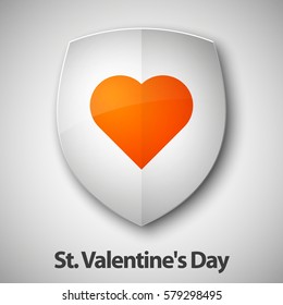 Protected guard shield Happy Valentine's Day Greeting Card With Red Heart. Safety badge color icon. Privacy colorful banner. Security bright label. Presentation sticker shape. Defense safeguard sign