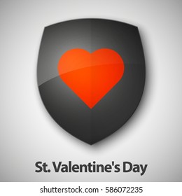 Protected guard shield Happy Valentine's Day Greeting Card With Red Heart. Safety badge color icon. Privacy colorful banner. Security bright label. Presentation sticker shape. Defense safeguard sign