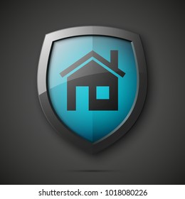 Protected guard shield house concept. Safety badge home icon. Privacy banner shield house. Security home label. Defense tag. Presentation shining sticker shape. Vector defense safeguard shield sign