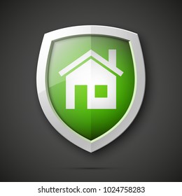 Protected guard shield house concept. Safety badge home icon. Privacy banner shield house. Security home label. Defense tag. Presentation shining sticker shape. Vector defense safeguard shield sign