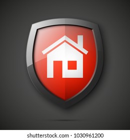Protected guard shield house concept. Safety badge home icon. Privacy banner shield house. Security home label. Defense tag. Presentation shining sticker shape. Vector defense safeguard shield sign