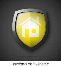 Protected guard shield house concept. Safety badge home icon. Privacy banner shield house. Security home label. Defense tag. Presentation shining sticker shape. Vector defense safeguard shield sign