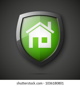 Protected guard shield house concept. Safety badge home icon. Privacy banner shield house. Security home label. Defense tag. Presentation shining sticker shape. Vector defense safeguard shield sign