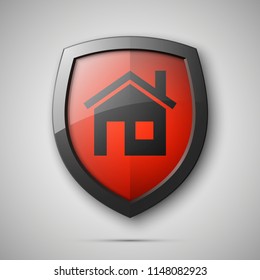 Protected guard shield house concept. Safety badge home icon. Privacy banner shield house. Security home label. Defense tag. Presentation shining sticker shape. defense safeguard house shield sign
