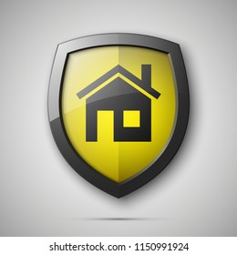 Protected guard shield house concept. Safety badge home icon. Privacy banner shield house. Security home label. Defense tag. Presentation shining sticker shape. defense safeguard house shield sign