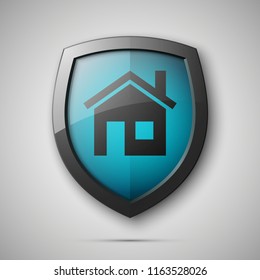 Protected guard shield house concept. Safety badge home icon. Privacy banner shield house. Security home label. Defense tag. Presentation shining sticker shape. defense safeguard house shield sign