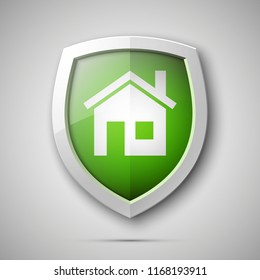 Concepto de casa de protección protegida. Icono de inicio de placa de seguridad. Casa de protección de banner de privacidad. Etiqueta del hogar de seguridad. Etiqueta de defensa. Forma adhesiva brillante de presentación. signo protector de la casa de protección de la defensa