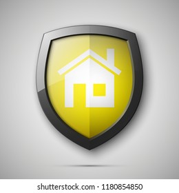 Protected guard shield house concept. Safety badge home icon. Privacy banner shield house. Security home label. Defense tag. Presentation shining sticker shape. defense safeguard house shield sign
