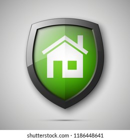 Protected guard shield house concept. Safety badge home icon. Privacy banner shield house. Security home label. Defense tag. Presentation shining sticker shape. defense safeguard house shield sign
