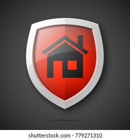 Protected guard shield house concept. Safety badge home icon. Privacy banner shield house. Security home label. Defense tag. Presentation shining sticker shape. Vector defense safeguard shield sign