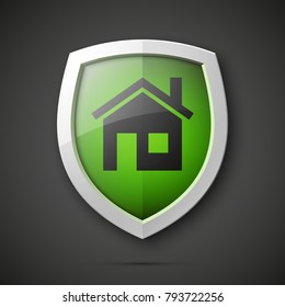 Protected guard shield house concept. Safety badge home icon. Privacy banner shield house. Security home label. Defense tag. Presentation shining sticker shape. Vector defense safeguard shield sign
