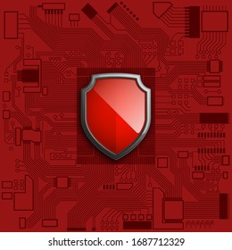 Protector protegido en la tarjeta de circuitos. Tecnología electrónica de seguridad del procesador de hardware de computadoras. Componente de chip digital de la tarjeta madre. Ilustración del vector