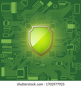 Protected guard shield on circuit board. Electronic computer hardware processor security technology. Motherboard digital chip component. Vector illustration
