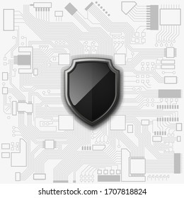 Protector protegido en la tarjeta de circuitos. Tecnología electrónica de seguridad del procesador de hardware de computadoras. Componente de chip digital de la tarjeta madre. Ilustración del vector