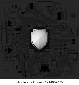 Protected guard shield on circuit board. Electronic computer hardware processor security technology. Motherboard digital chip component. Vector illustration