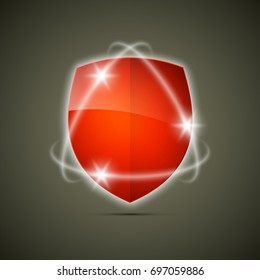 Protected guard shield shine around concept. Safety badge protection icon. Privacy & sparks banner shield. Security label. Defense tag. Presentation shining sticker shield. Defense safeguard sign icon