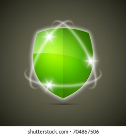 Protected guard shield shine around concept. Safety badge protection icon. Privacy & sparks banner shield. Security label. Defense tag. Presentation shining sticker shield. Defense safeguard sign icon