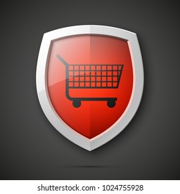Protected guard shield & supermarket trolley icon. Security Shopping cart label. Safety badge supermarket trolley icon. Privacy banner shield. Defense tag. Presentation sticker shape. Safeguard shield