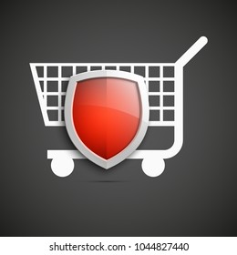 Protected guard shield & supermarket trolley icon. Security Shopping cart label. Safety badge supermarket trolley icon. Privacy banner shield. Defense tag. Presentation sticker shape. Safeguard shield
