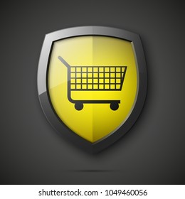 Protected guard shield & supermarket trolley icon. Security Shopping cart label. Safety badge supermarket trolley icon. Privacy banner shield. Defense tag. Presentation sticker shape. Safeguard shield