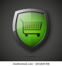 Protected guard shield & supermarket trolley icon. Security Shopping cart label. Safety badge supermarket trolley icon. Privacy banner shield. Defense tag. Presentation sticker shape. Safeguard shield