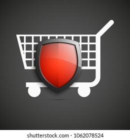 Protected guard shield & supermarket trolley icon. Security Shopping cart label. Safety badge supermarket trolley icon. Privacy banner shield. Defense tag. Presentation sticker shape. Safeguard shield