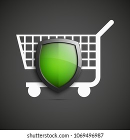 Protected guard shield & supermarket trolley icon. Security Shopping cart label. Safety badge supermarket trolley icon. Privacy banner shield. Defense tag. Presentation sticker shape. Safeguard shield