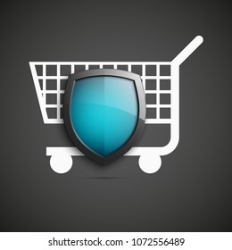 Protected guard shield & supermarket trolley icon. Security Shopping cart label. Safety badge supermarket trolley icon. Privacy banner shield. Defense tag. Presentation sticker shape. Safeguard shield