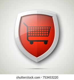 Protected guard shield & supermarket trolley icon. Security Shopping cart label. Safety badge supermarket trolley icon. Privacy banner shield. Defense tag. Presentation sticker shape. Safeguard shield