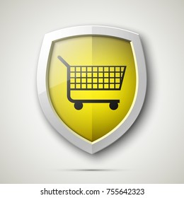 Protected guard shield and supermarket trolley icon. Security Shopping cart label. Safety badge supermarket trolley icon. Privacy banner shield. Defense tag. Presentation sticker shape. Safeguard shield