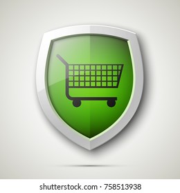 Protected guard shield & supermarket trolley icon. Security Shopping cart label. Safety badge supermarket trolley icon. Privacy banner shield. Defense tag. Presentation sticker shape. Safeguard shield