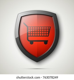 Protected guard shield & supermarket trolley icon. Security Shopping cart label. Safety badge supermarket trolley icon. Privacy banner shield. Defense tag. Presentation sticker shape. Safeguard shield